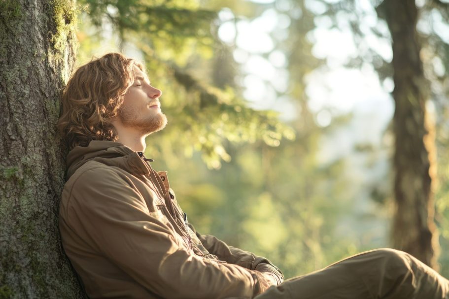 BODYMIND CAMPUS: Seminare für besseres Stress-Management Junger Mann mit brauner Jacke und dunkelblonden Haaren sitzt mit geschlossenen Augen an einen Baum gelehnt und genießt die Sonne im Gesicht.